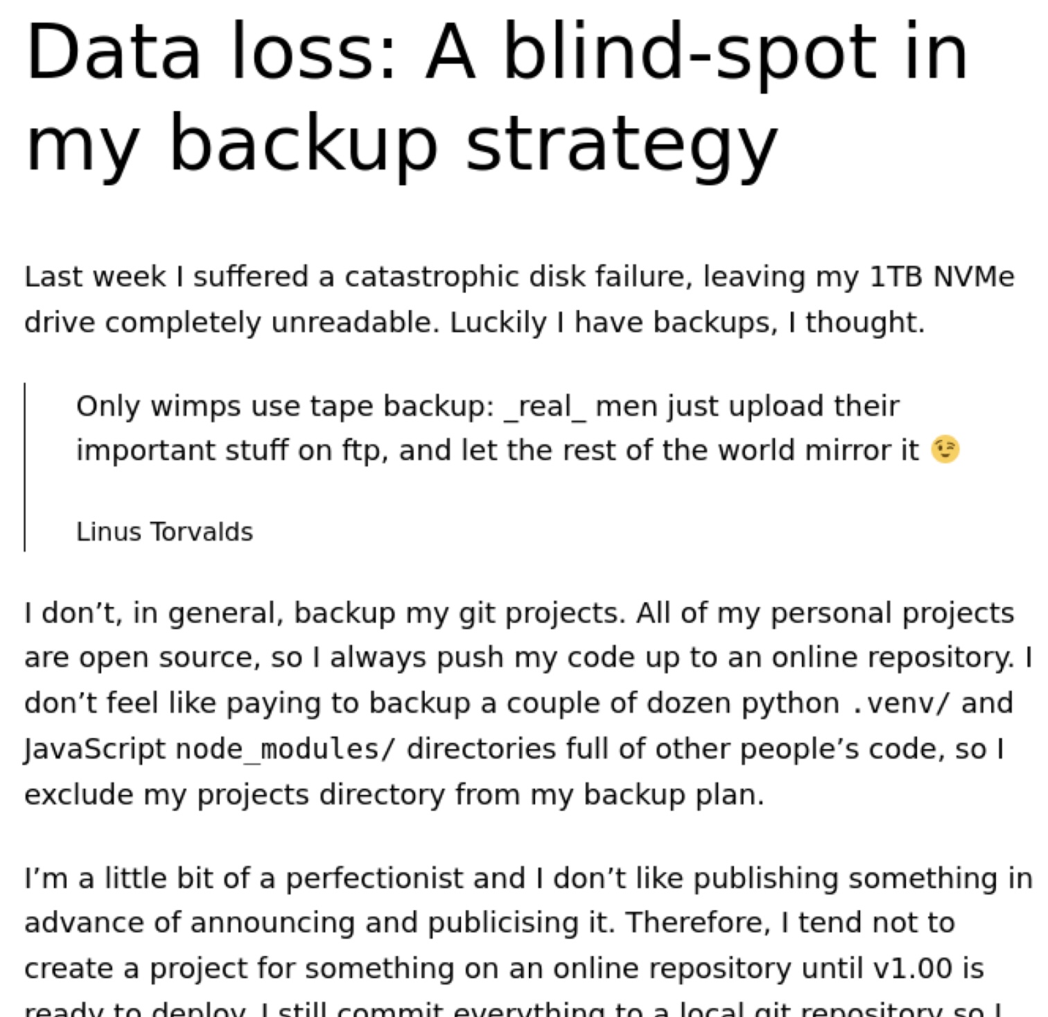 A screenshot of the first three paragraphs of my Data Loss blog.