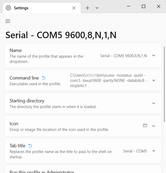 A screenshot of the Windows Terminal settings for a SimplySerial tab.