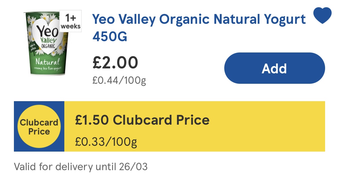 A screenshot from Tesco showing a pot of yogurt for £1.50 instead of it’s normal £2.00.