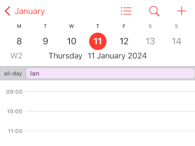 A screenshot of Calendar on Apple iOS, subscribed to the Greg or Ian iCal feed. Thursday, 11th January 2024 is visible.